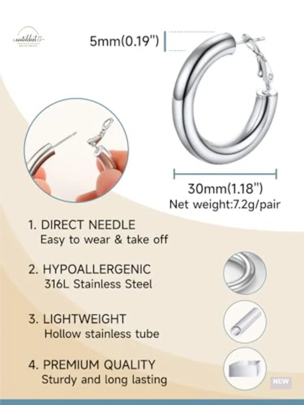 316L Stainless Steel Chunky Hoop Earrings Hypoallergenic 30mm